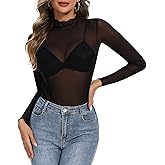 Womens Lace Mesh Long Sleeve Top Floral Sheer See Through Sexy Tops Mock Neck Shirts Party Club Night Blouses