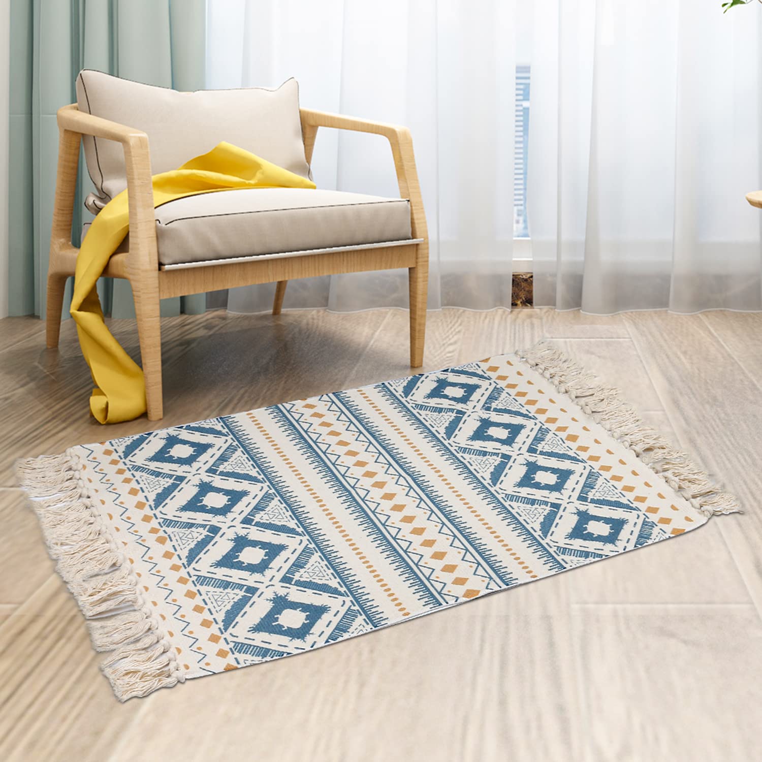 MORROWCAMP Boho Moroccan Cotton Small Rug 58x88 cm with Tassels, Teal Beige Geometric Woven Washable Rug, Soft Bedside Rug for Bedroom, Decorative Accent Rug for Entryway, Kitchen Indoor Floor Mat โ image 1
