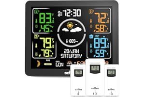 SZFZMZ Weather Station Indoor Outdoor Thermometer Wireless with Multiple Sensors, VA Color Display Atomic Clock, Weather Forecast, Temperature, Humidity, Customizable Alerts and Adjustable Backlight for Home