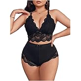 MakeMeChic Women's Plus Size 2 Piece Lingerie Set Floral Lace Knot Cut Out Scallop Trim Bra and Panty Sets