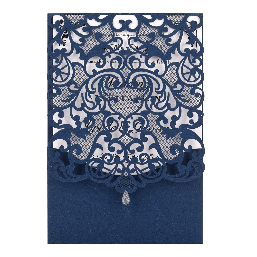 Eleva Laser Cut Wedding Invitation Kit 50 Pack Laser Cut Wedding Invitations with Envelopes Blank Inside Cards for Wedding,Birthday Parties,Baby Shower (Navy Blue)