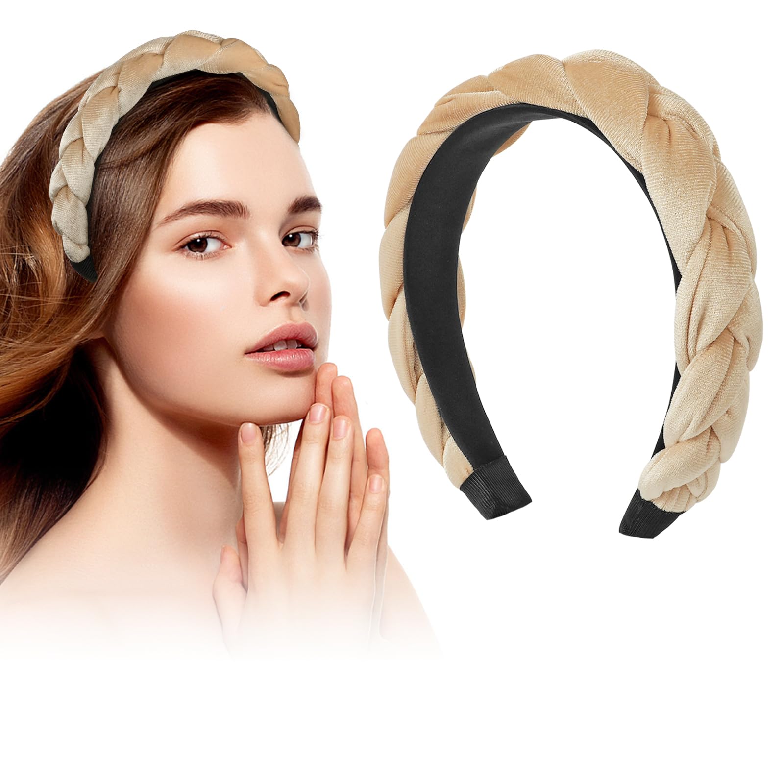 LOPHE Velvet Braided Headband, Twisted Braid Rough Edge Hair Band, Non-Slip Twisted Knotted Headband, Cute Vintage Style Braided Hairband, Makeup Headbands for Women (White)