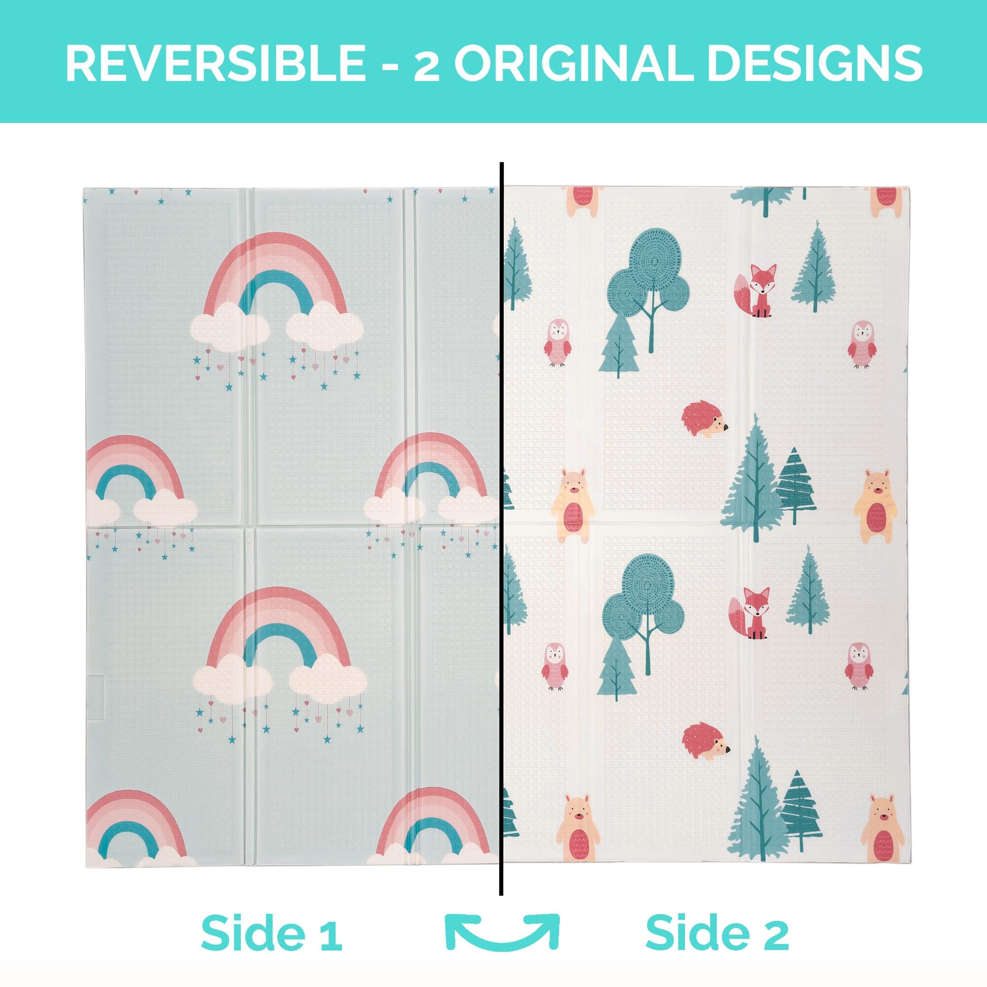 JumpOff Jo - Large Waterproof Foam Padded Play Mat for Infants, Babies, Toddlers, Play Pens & Tummy Time, Foldable Activity Mat, 70 in. x 59 in. - Woodland Rainbow