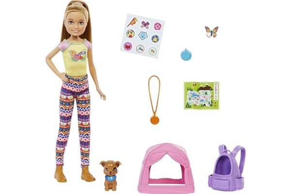 Barbie It Takes Two Camping Playset with Stacie Doll (~9 in), Puppy, Pet Tent, Pet Carrier, Sticker Sheet & Camping Accessori