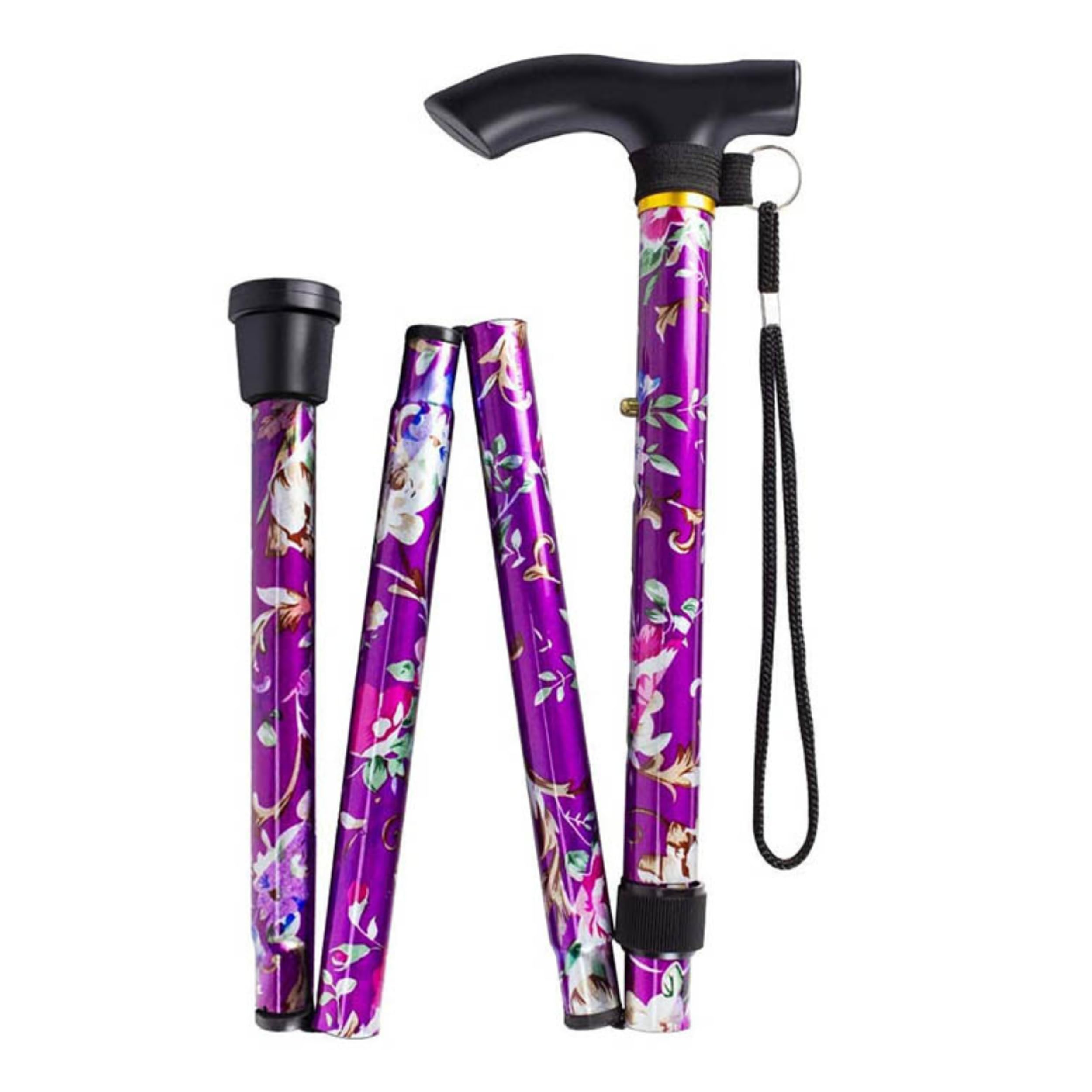Glamified - Adjustable Folding Walking Stick, Portable Cane with Ergonomic Handle, Non-Slip Base, Lightweight, Height Adjustable (Purple Flower)