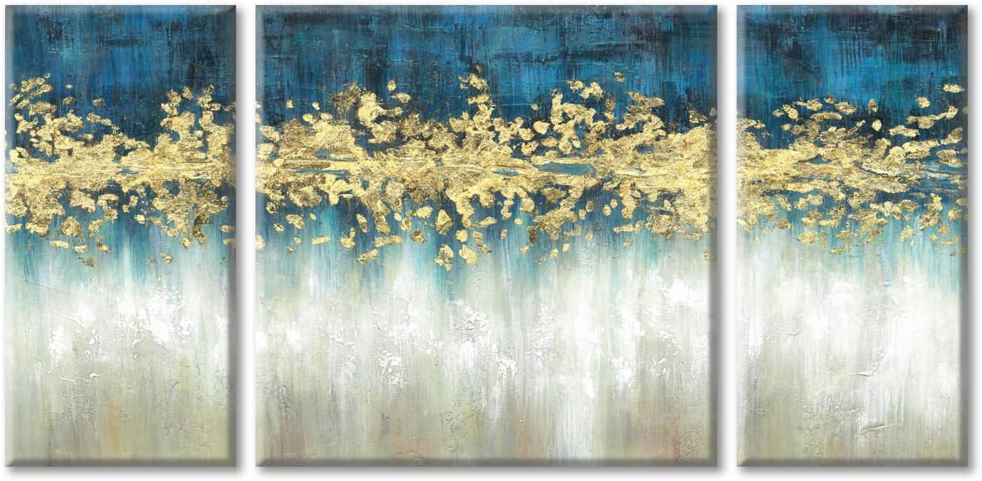 Paintings - Abstract Wall Art Canvas Painting: Heavy Textured Hand-Painted Rustic Brushtroke Blue Gold & White Embellishment Picture Artwork for Wall (12”x 24”x 2Panels + 24'' x 24” x 1 Panels)