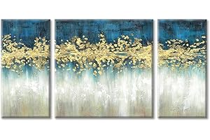 WALLART8 Abstract Wall Art Canvas Painting: Heavy Textured Hand-Painted Rustic Brushtroke Blue Gold & White Embellishment Picture Artwork for Wall (12”x 24”x 2Panels + 24'' x 24” x 1 Panels)
