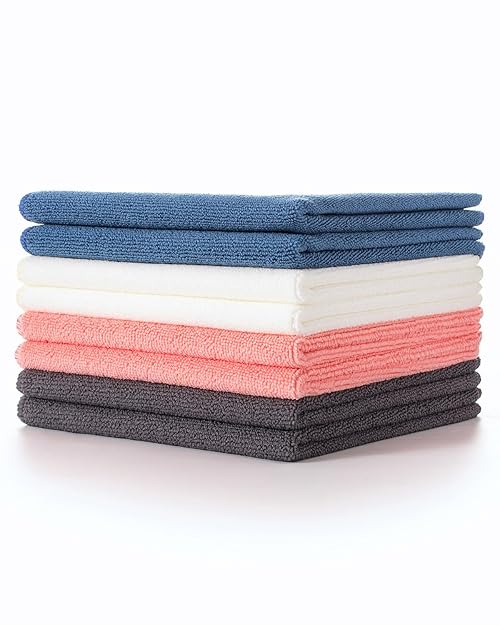 Lumimi Cleaning Cloth 8 Piece Microfiber Ultrafine Very Thick Wiping Drying Well Durable Reusable Multicolored Size 15" x 15" Blue Red White Grey, Pack of 8
