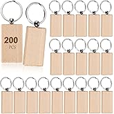 JUXYES 200 PCS Unfinished Wooden Keychain Blanks for Engraving, Wood Engraving Blanks Key Chain, DIY Rectangle Wood Keychain Tags Unfinished Wooden Key Ring Key Tag