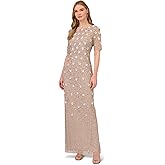 Adrianna Papell (ADRIL) Women's Long Hand Beaded 3D Floral Dress with Elbow Sleeves