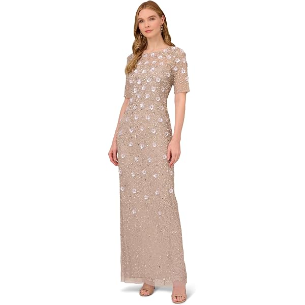 adrianna papell women's beaded long 3d floral dress Metal Long Hand Beaded 3D Floral Dress With Elbow Sleeves