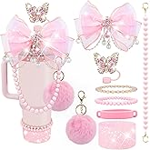 LBU Bling Stanley Cup Accessories for 40&30&20 Oz Tumbler Including Diamond Bow Straw Topper, Stanley Bracelets Charms, Butterfly Straw Cover Cap, Pearl Handle Strap, Silicone Boot, Pom-Pom (Pink)