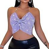 Sexy Sequin Crop Tops Sleeveless Metallic Halter Shiny Backless Tank Top for Women Party Night Club Rave Outfits