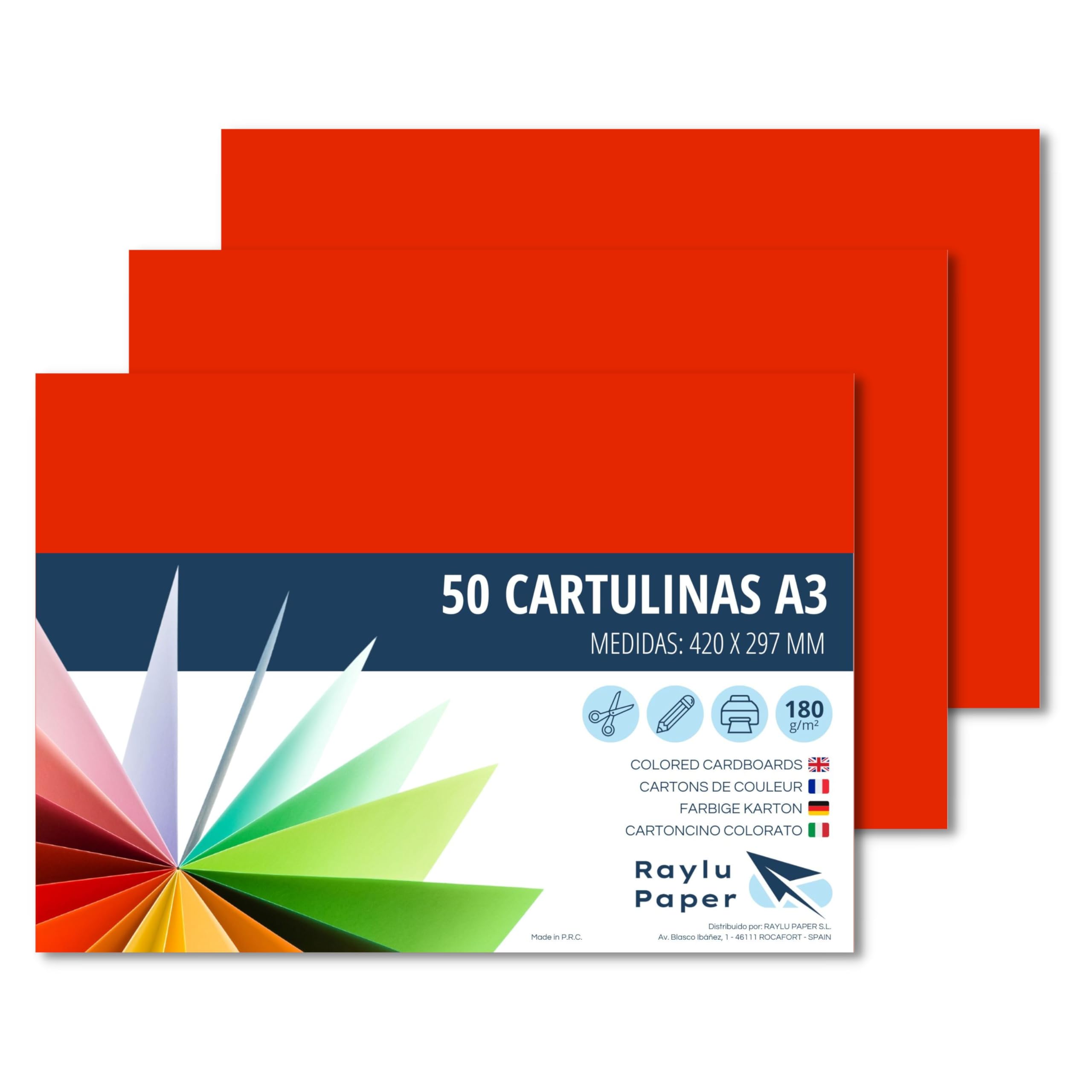Raylu Paper® - A3 Card Pack of 50 180gsm 420x297mm Coloured A3 Card with Soft Touch Perfect for Binding, Office, Drawing and Crafts (Red)