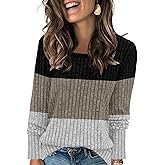 Leafsay Womens Color Block Tops Striped Lightweight Sweaters Long Sleeve Crewneck Shirts Casual Loose Fit Tunic