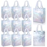 ISUSSER 24 Pack Holographic Gift Bags With White Handles Non Woven Reusable Handled Gift Bags Iridescent Tote Bags Glossy Welcome Bags for Shopping Birthday Party Wedding, 8 x 4 x 10 Inch