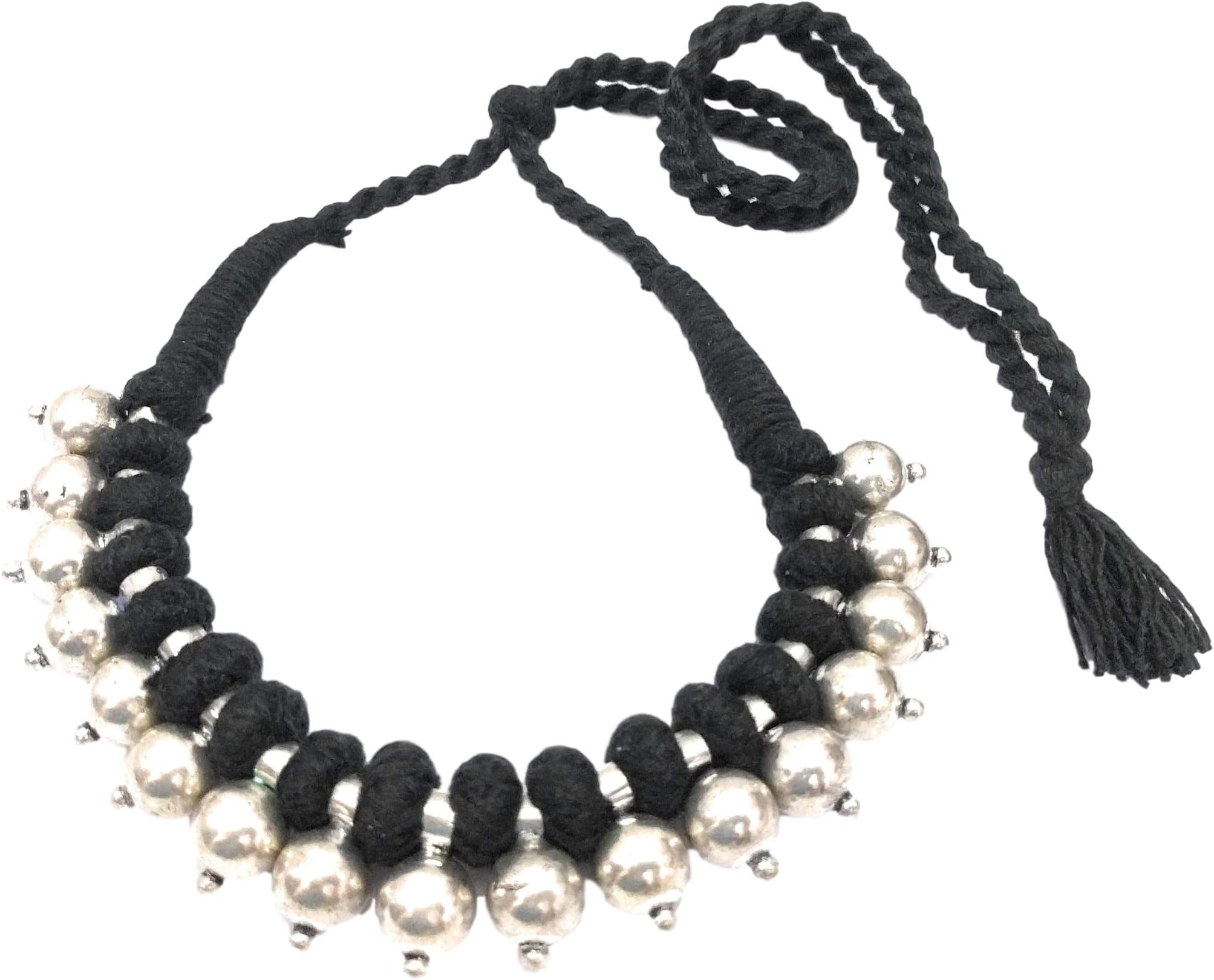 Black Tribal Necklace Silver Oxidized Round Metal Beads Statement Thread Indian Jewelry Women Traditional Chokers