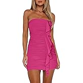 HYPERFIRE Women's Elegant Strapless Tube Ruched Bodycon 3D Floral Tassels Mini Dress Party Cocktail Dresses