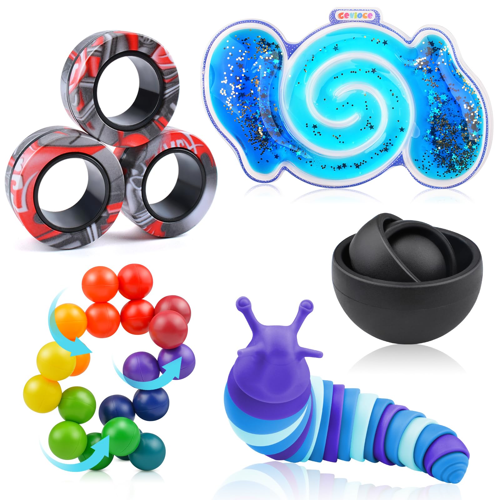 Photo 1 of Cevioce 5Pcs Fidget Toys Adults Pack,Stocking Stuffers for Teens Boys Girls,Autism Sensory Toys with Fidget Spinner Slug Magnetic Rings,Squishy Fidget Toys ADHD Stress Relief, for Kid-B