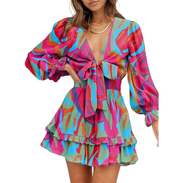 Vestidos De Verano Para Mujer, Manga Media, Cuello En V, Floral, Vestido Cruzado, Casual, Bohemio, Mini Vestido Escalonado Con Cinturón, A01#Pink, L