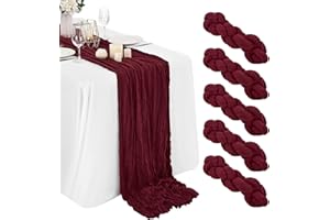 Lykoow 5 Packs Burgundy Cheesecloth Table Runner,10Ft x 35" Wine Red Rustic Gauze Boho Wedding Table Runner Decoration, Wedding Table Decor Table Cloth for Wedding Party Bridal Shower Table