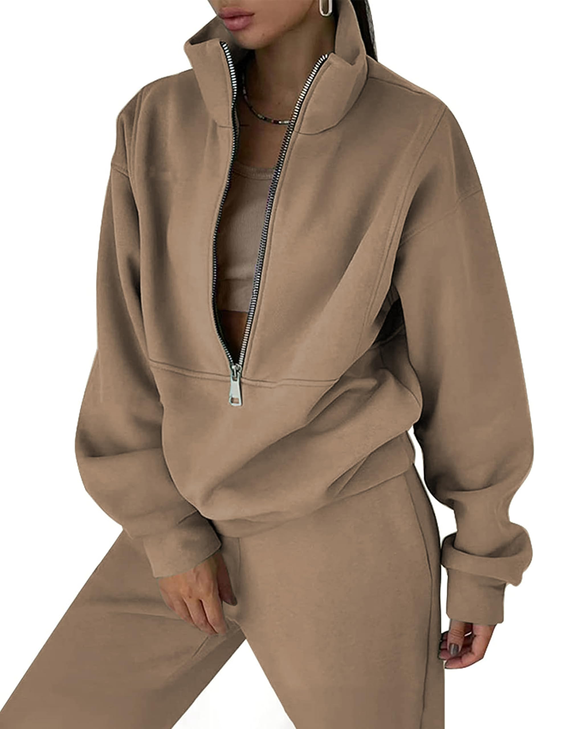 Photo 1 of Himosyber Women Sweatsuits Half Zip Fleece Sweatshirt and Pant 2 Piece Joggers Set Tracksuit (Brown-M)