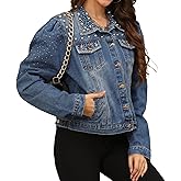 YPCT Women's Pearl Denim Jacket Button Long Sleeve Short Jean Coat with Pockets