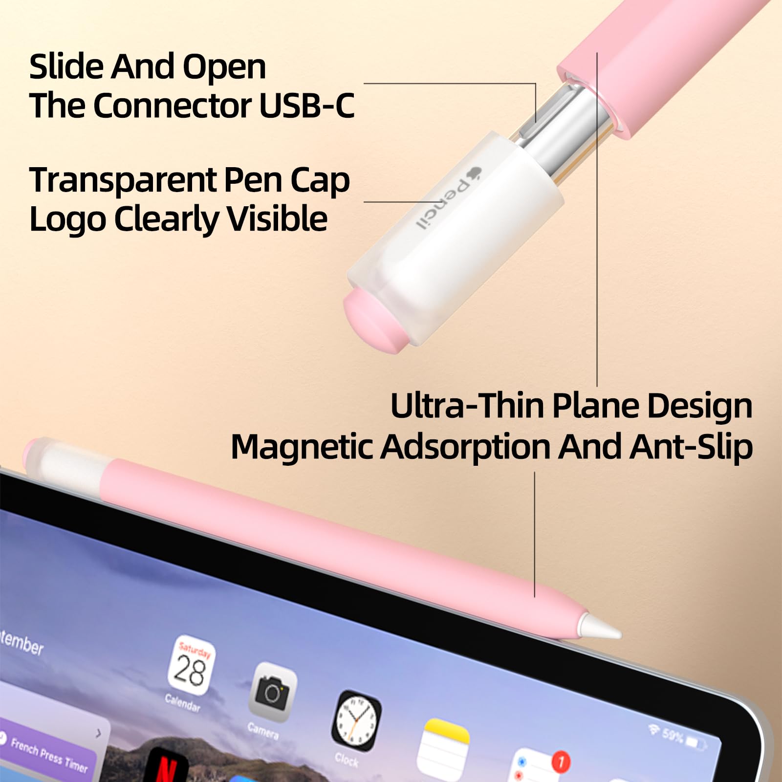 Pencil Case for Apple Pencil (USB-C), Silicone Protective Cover Sleeve, Supports Magnetic Attachment (Pink)