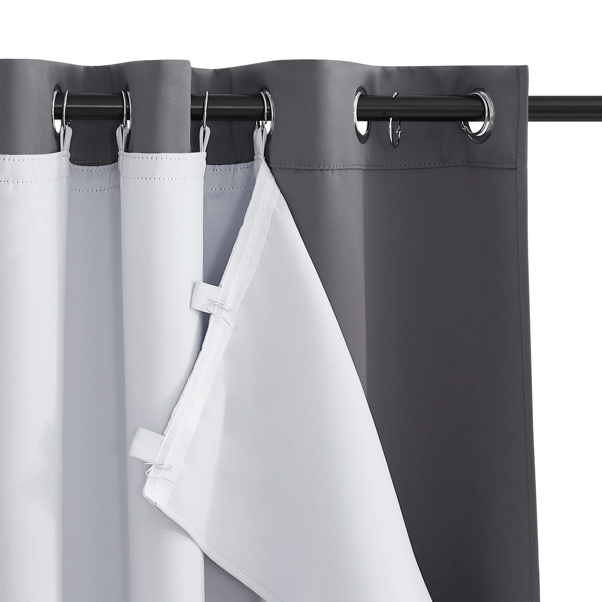 PONY DANCE Blackout Linings for Bedroom - 2 Panels of Privacy Tab Top Nursery Curtains with Hooks and Rings, Thermal Insulated Door Curtains, Greyish White, 44 x 68 Inch Drop