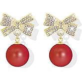 Nylry Christmas Earrings for Women Red Pearl Bow Earrings Rhinestone Bow Earrings Stud for Women Trendy Christmas Bow Earrings Holiday Jewelry Stocking Stuffed Christmas Gifts for Women
