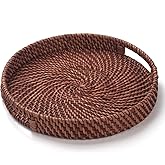 11 inch Rattan Tray, Round Wicker Tray with Cut-Out Handles, Woven Serving Tray for Dining / Coffee Table