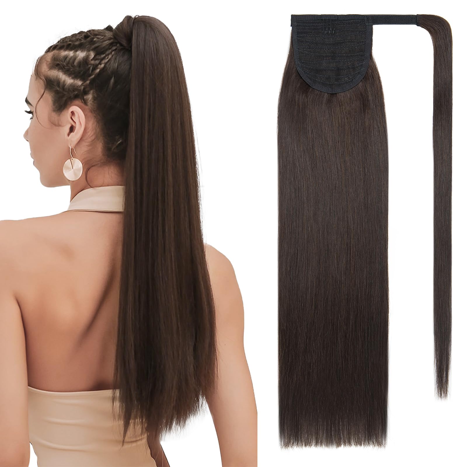 SEGOHAIR Wrap Around Ponytail Human Hair Clip in Ponytail Hair Extensions, 18 inch Long Straight One Piece Clip in Hairpieces Remy Real Human Hair-Darkest Brown — image 1