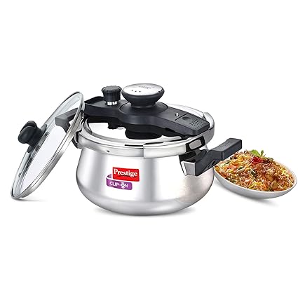 Prestige Clip On Stainless Steel Handi Pressure Cooker with Glass Lid, 5 Litres