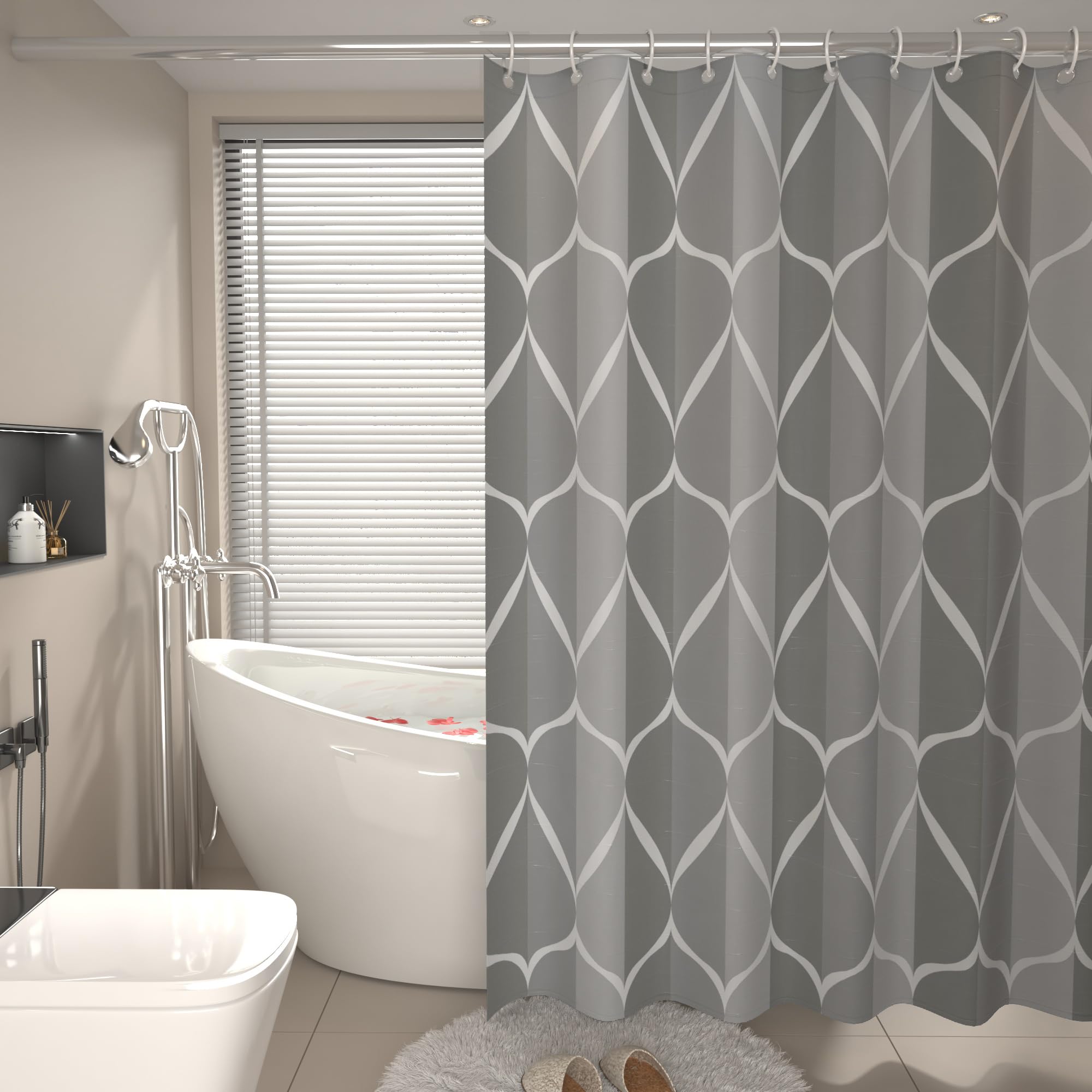 AwmnSrman Shower Curtain - Grey Shower Curtain with 12 Shower Curtains Hooks, Quick-Drying Modern Elegant Design Polyester 200 x 200cm