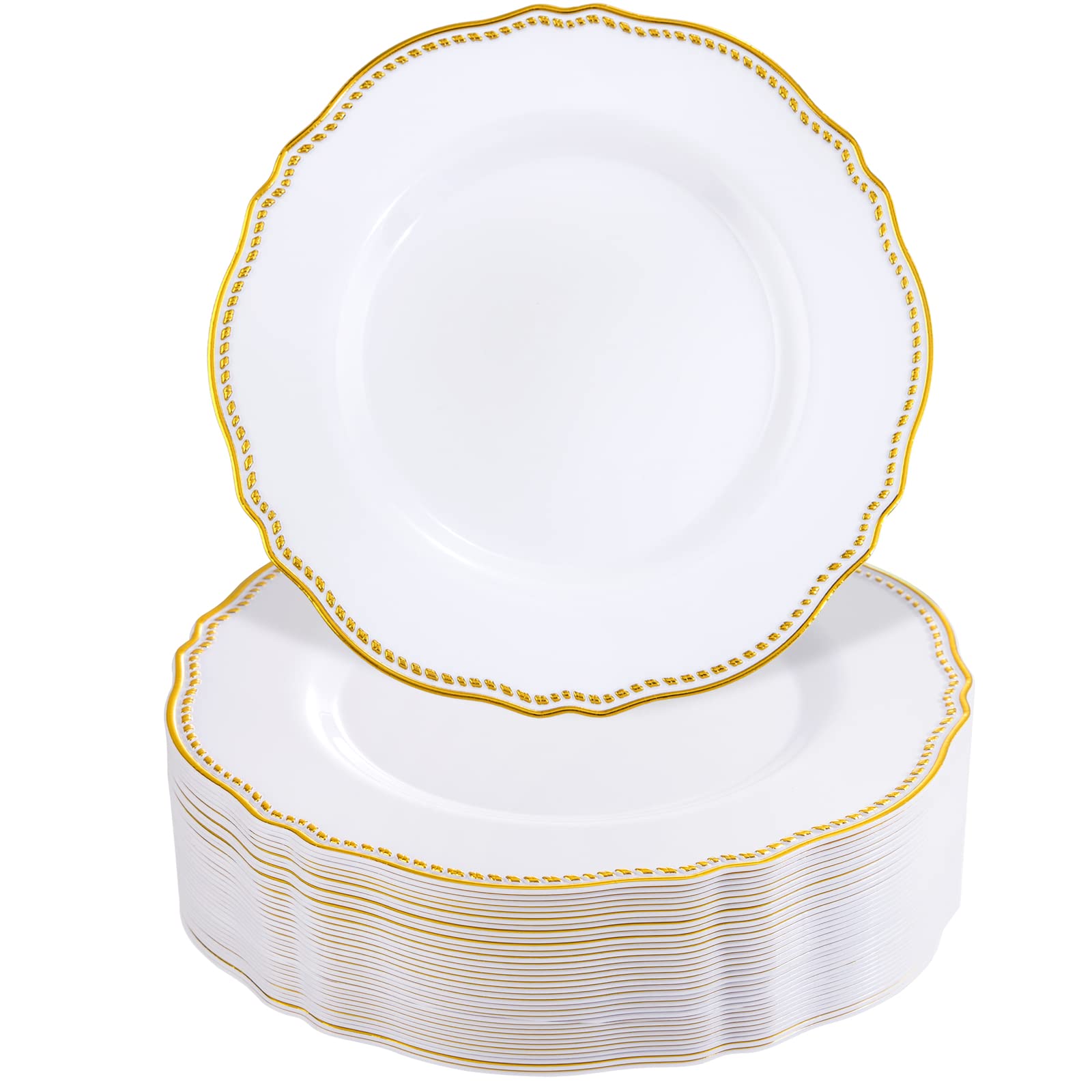 Photo 1 of Hioasis 60pcs Gold Plastic Plates - White and Gold Disposable Dinnerware with Gold Rim, Heavy-duty, 7.5 inch, Dessert Plates for Party & Thanksgiving
