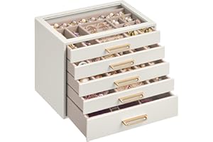 SONGMICS 5-Layer Jewelry Box with Glass Window, Jewelry Storage Organizer with 5 Drawers, Golden Handles, for Rings, Earrings