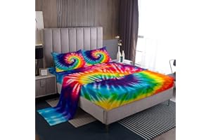 Feelyou Tie Dye Sheet Set Queen Size Kids Girls Boho Trippy Swirl Bed Sheets Set Ultra Soft Bright Colorful Rainbow Bedding Set Women Teens Bedroom Decor Bohemian Gypsy Sheets, Luxury Microfiber