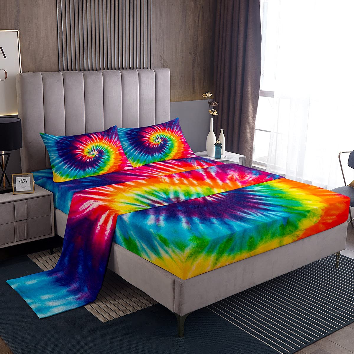 Loussiesd Tie Dye Sheet Set Single Size Kids Girls Boho Trippy Swirl Bed Sheets Set Ultra Soft Bright Colorful Rainbow Bedding Set Women Teens Bohemian Gypsy Sheets,Microfiber