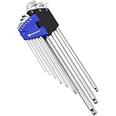 Powerbuilt 9 Piece SAE Stubby End, Extra Long Arm Ball End Hex Key Wrench Set, L-Wrenches for Tight Places, Storage - Blue 240099