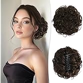 RUWISS Large Messy Bun Hair Piece with Claw Clip Human Hair Bun Wavy Curly Chignon Hair Bun Extensions Tousled Updo Hair Pieces for Women Claw Clip Ponytail, Lighter Dark Brown
