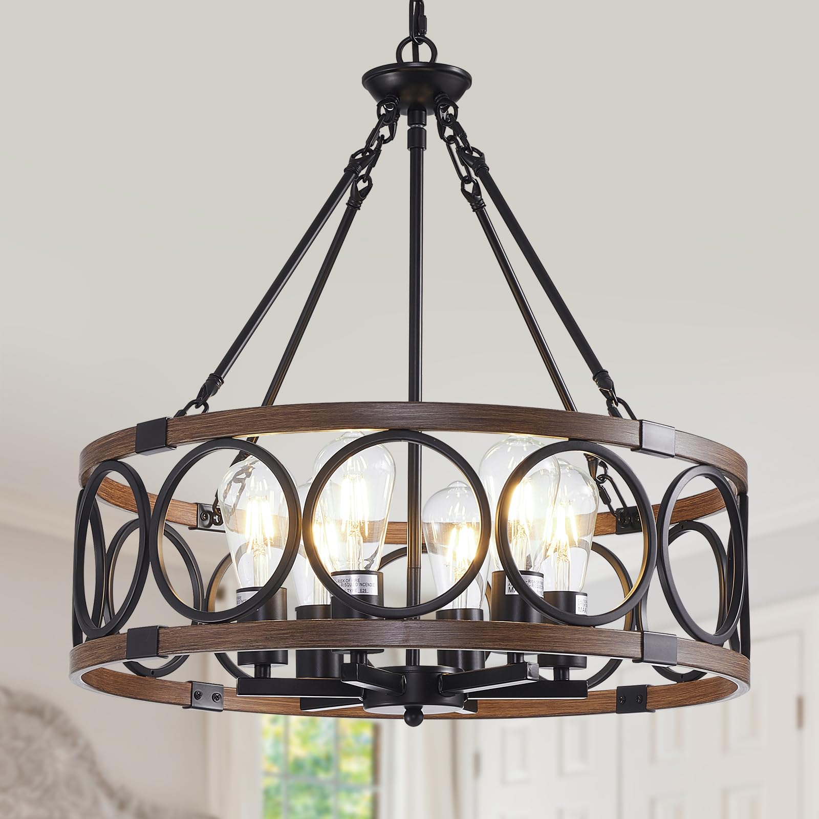 Photo 1 of 20.5'' Farmhouse Chandeliers for Dining Room, 6-Light Industrial Metal Hanging Light Fixture, Rustic Drum Pendant Lights for Bedroom, Foyer, Entryway, Kitchen Island, Black and Vintage Wood Texture