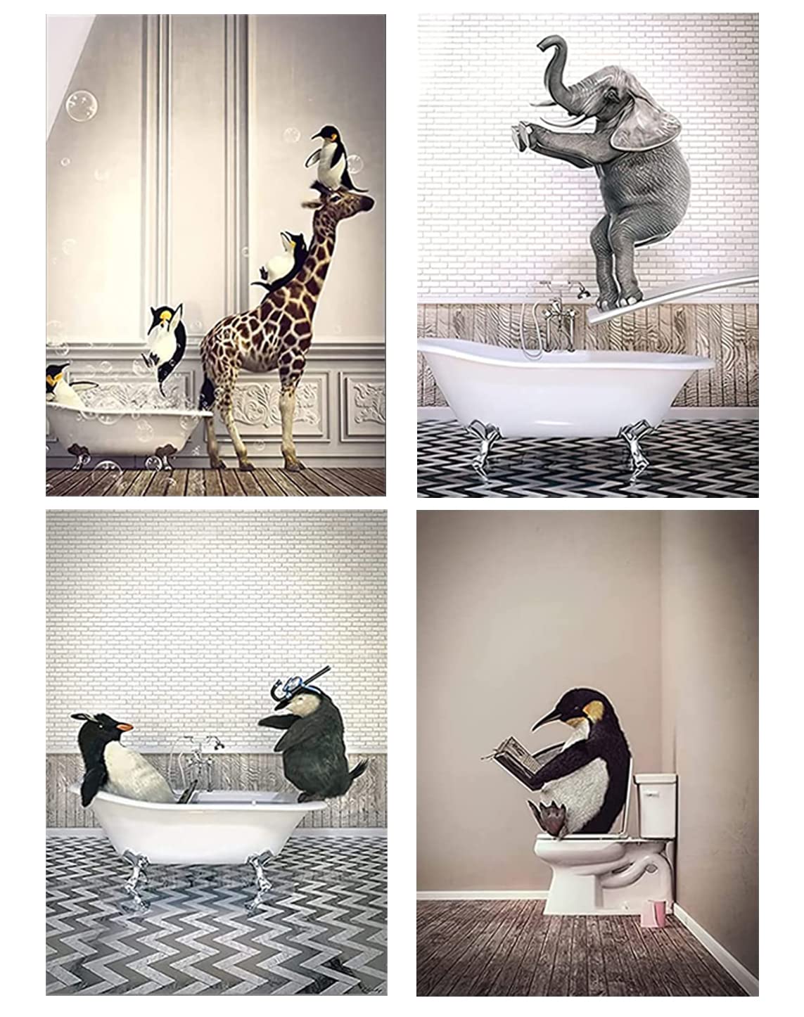 LPFNSF Bathroom Animal Pictures: Giraffe, Elephant in Bathtub, Funny Wall Art Prints, Canvas Poster Without Frame, Style 2, 30 x 40 cm x 4 cm