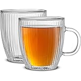 JoyJolt Fluted Glass Coffee Mugs, Double Wall Coffee Mugs. 13.5oz Clear Coffee Mug Set of 2. Latte Glasses, Glass Cappuccino