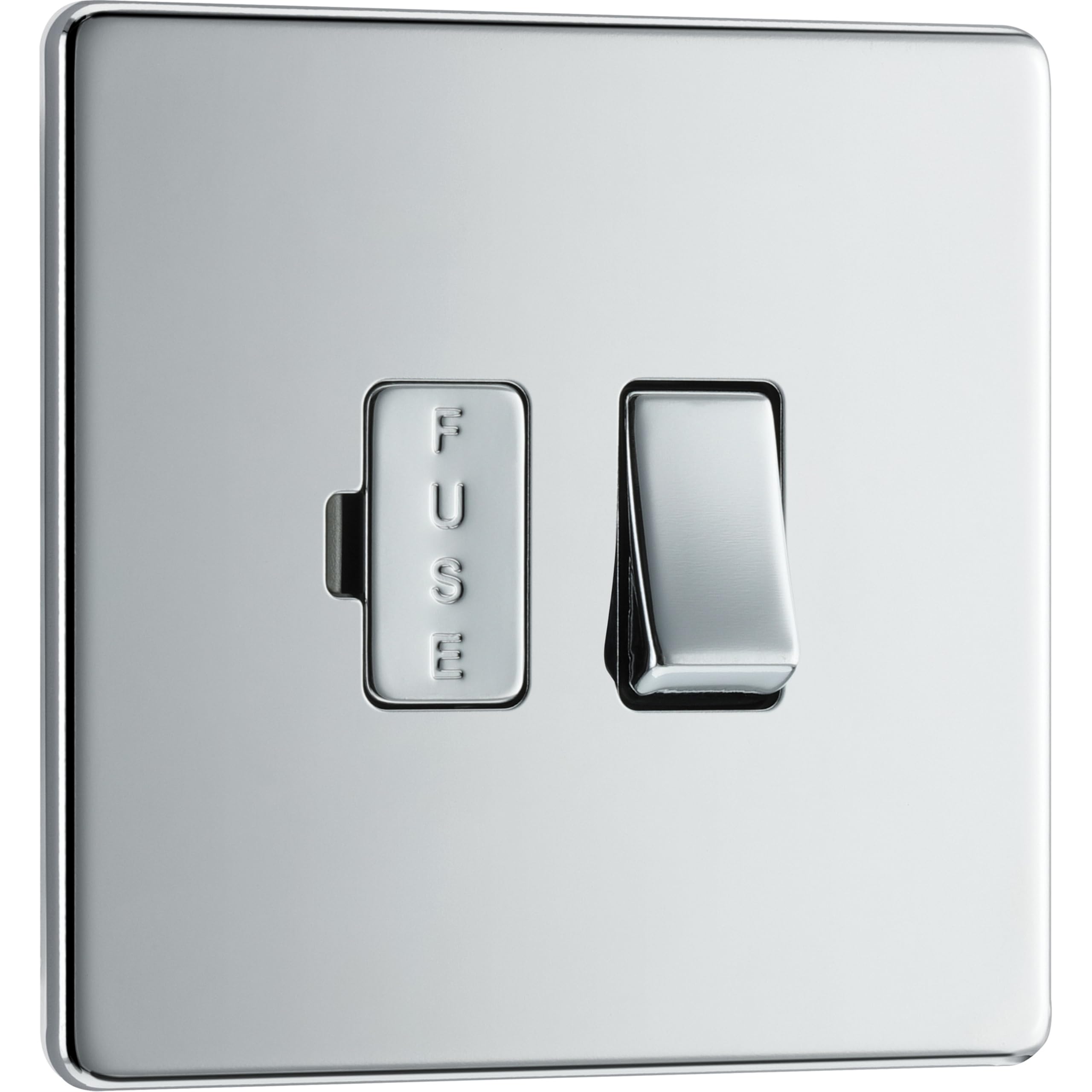 BG Electrical Switched Fused Connection Unit, Fused Spur Switch, Double Pole, Screwless Front Plate, Slim Profile, Premium Flatplate, Polished Chrome, 13A, FPC50