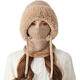 3 in 1 Beanie Hat with Scarf and Mask, Women Fleece Lined Beanie Hat Scarf Mask Set, Autumn and Winter Knitted Hat for Women