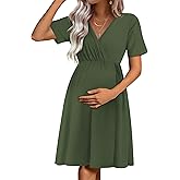 Ekouaer Maternity Nursing Dress V Neck Short Sleeve Breastfeeding Dresses Ribbed Knit Pregnancy Clothes S-XXL