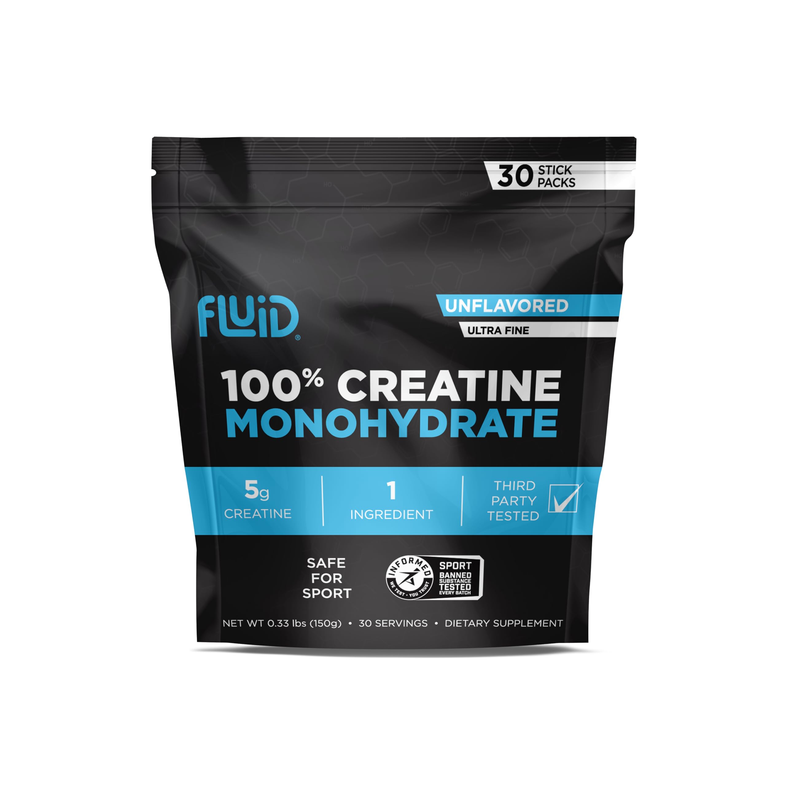 Fluid - Ultra-Fine Micronized 100% Creatine Monohydrate, Informed Sport Certified, Safe for Athletes, 5g Serving (30 Single Servings)