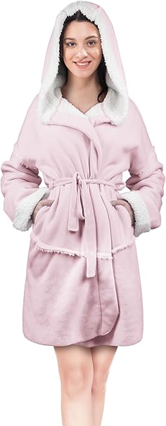 Catalogne Femme Robe A Capuche Courte Peignoir Doux En Peluche Sherpa Double Robe De Chambre Rose Taille Unique Amazon Fr Cuisine Maison