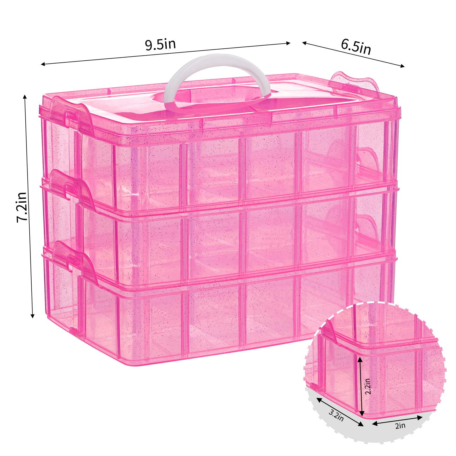 SGHUO SGHUO 3-Tier Pink Craft Storage Container, Stackable Organizer Box with Dividers for Art Supplies, Beads, Washi Tapes, Seed, Hair Accessories, Nail, 9.5X6.5X7.2in