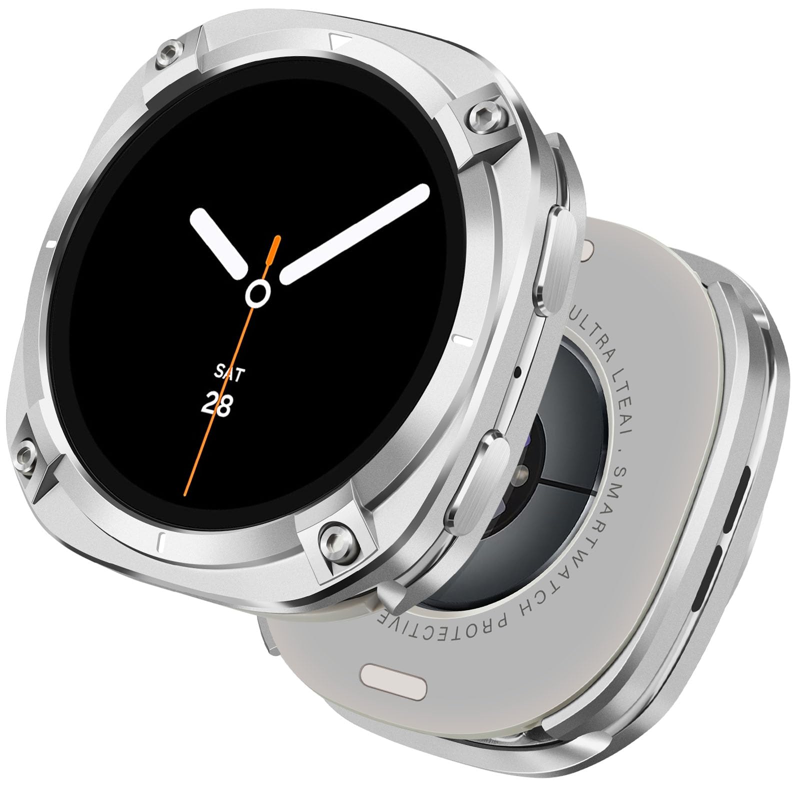 HITZEE 2 in 1 Metal Case Compatible for Samsung Galaxy Watch 8 44mm, Rugged Metal Protective Bumper with Back Cover for Samsung Galaxy Watch 8, Silver White